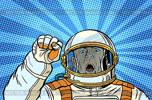 Angry astronaut cosmonaut protester, rally - vector image