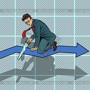 Businessman sawing curve graph. self-destruction - vector clipart