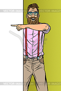 Hipster man. Point to copy space poster - vector clip art