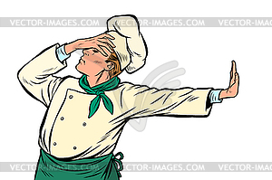 Caucasian cook chef, gesture of shame. denial no - vector image