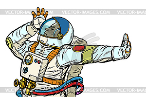 Astronaut in spacesuit. Gesture of denial, shame, no - vector image