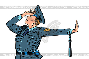 Caucasian police officer shame denial gesture no - vector image