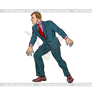 Cautious businessman sneaks, takes step - vector clip art