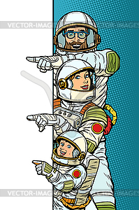 Family astronauts mom dad and son. Point to copy - vector image