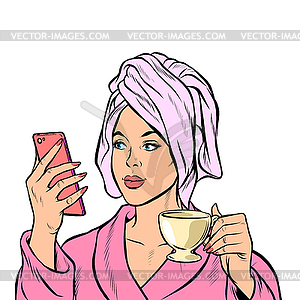 Woman morning bathroom coffee smartphone - vector image