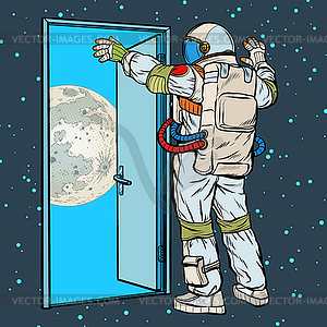 Astronaut opens arms of moon - color vector clipart