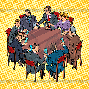 Businessmen meeting man and woman. smartphones - vector image