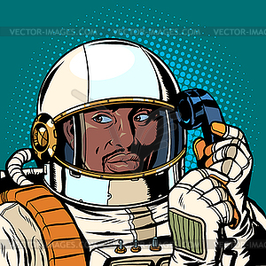 Serious african astronaut talking on retro phone - vector image