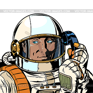 Serious astronaut talking on retro phone. isolate - vector clipart