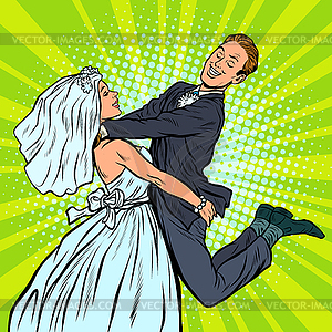 Wedding. happy loving bride and groom. woman carrie - vector clipart / vector image