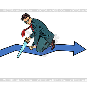 Businessman sawing curve graph. self-destruction - vector clipart