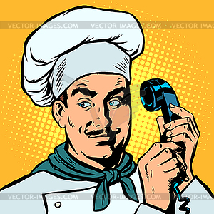 Food delivery. Chef takes orders by phone - vector clip art