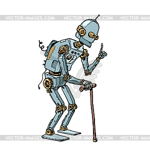 Very old robot man with stick - vector image