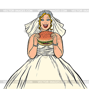 Bride eats fast food Burger. Hungry woman - vector image