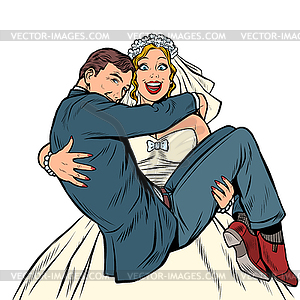 Bride carries groom. Marriage and love. Man and - vector clipart