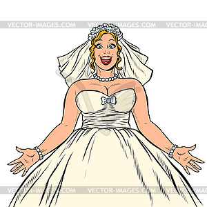 Joyful happy bride in wedding dress - vector clip art