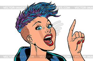 Modern woman points finger - vector clip art