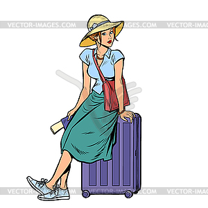 Woman tourist sitting on travel suitcase - vector image