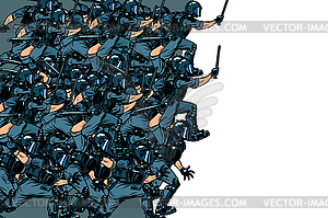 Riot policeman attacks with baton. police work. - royalty-free vector clipart