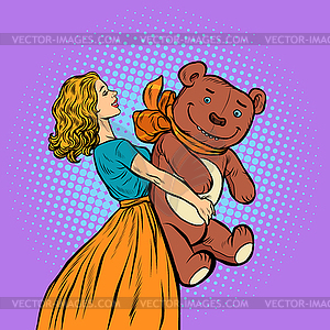 Young woman and bear gift. Birthday. celebration - vector clip art