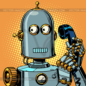 Scared funny robot talking on retro phone - vector clip art