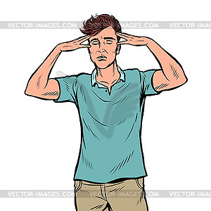 Young man thinks intently. Intellectual work - vector image