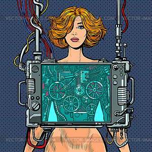 Cyberpunk naked robot woman virtual reality concept - vector clipart