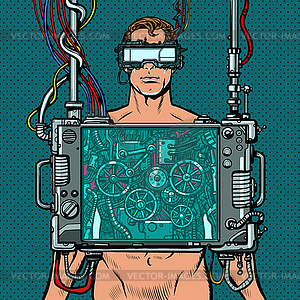 Cyberpunk male robot wearing virtual reality glasses - vector image