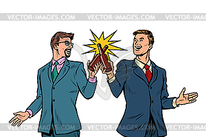 Two businessman cheers bottles of beer for success - vector image