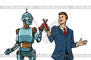 Businessman and robot cheers beer bottles. - vector clip art