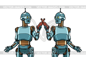 Роботы пьют пиво. ура тост за встречу - векторный эскиз