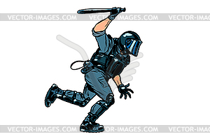 Riot policeman attacks with baton. police work. - vector clipart