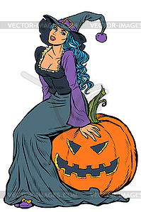 Halloween witch sitting on pumpkin - vector image
