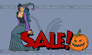 Halloween sale. Witch and pumpkin - stock vector clipart