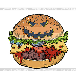 Burger fast food with Halloween pumpkin face - vector image