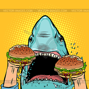 Hungry shark eat Burger - vector image