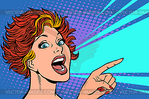 Modern woman points finger - vector clipart