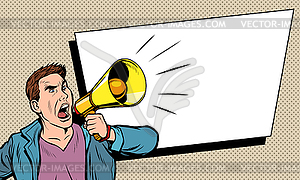 Advertising poster. man with megaphone - vector image