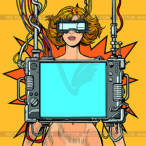 Medical research. Cyberpunk naked woman virtual - vector clipart