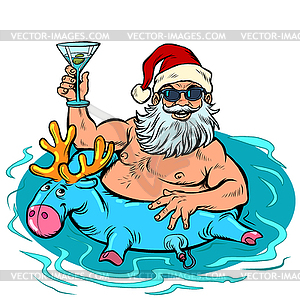 New year party. Santa clays at resort in pool with - vector clip art