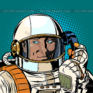 Serious astronaut talking on retro phone - vector clip art