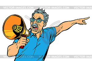 Angry elderly man with megaphone - vector image