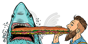 Shark and man eating fast food sandwiches. Hunger - vector clipart