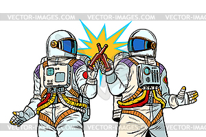 Two astronauts drink beer. Male friendship - vector clipart