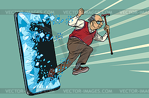 Старик на пенсии дедушка телефон гаджет смартфон - клипарт в векторном формате