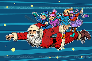 Superhero Santa Claus with children. Christmas and - vector clipart