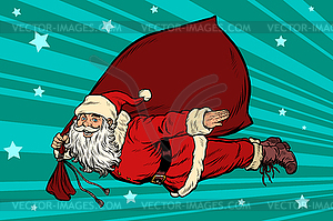 Santa Claus superhero is flying with bag of gifts - vector clip art