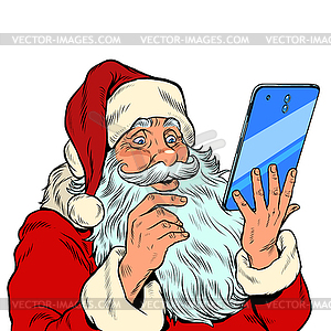 Santa Claus and big smartphone. Electronic Christma - vector clip art