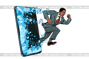 African businessman punches screen Phone gadget - vector clipart