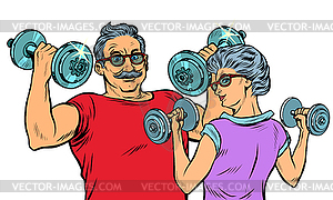 Grandparents do sports, fitness dumbbells - vector clip art